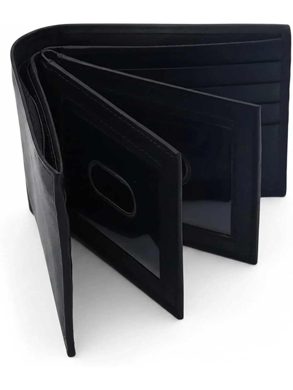 Stylish Black Bifold Leather Wallet for Men, 3 ID Windows & Zipper Pocket